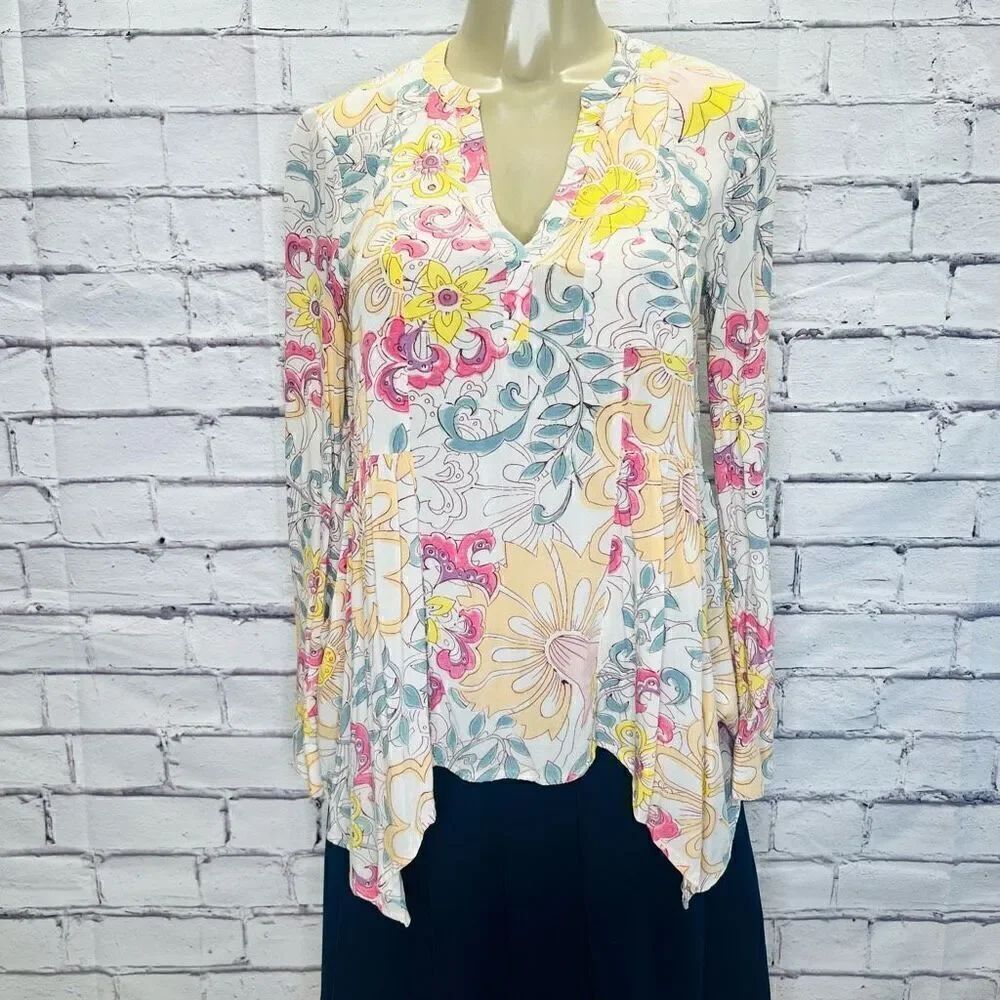 Anthropologie Maeve Womens Multicolor Floral Laiken Split Neck Blouse Size 2